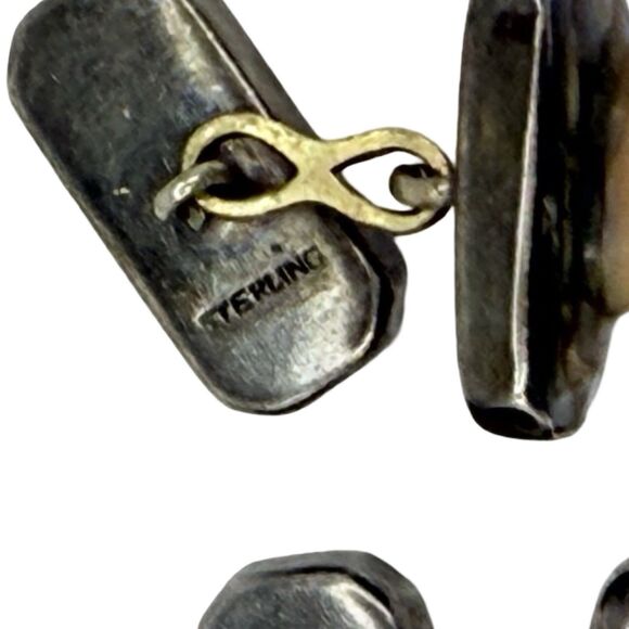 Antique 925 Sterling Silver Men's Cufflinks Abalone Mother Of Pearl Rectangle - Picture 15 of 16